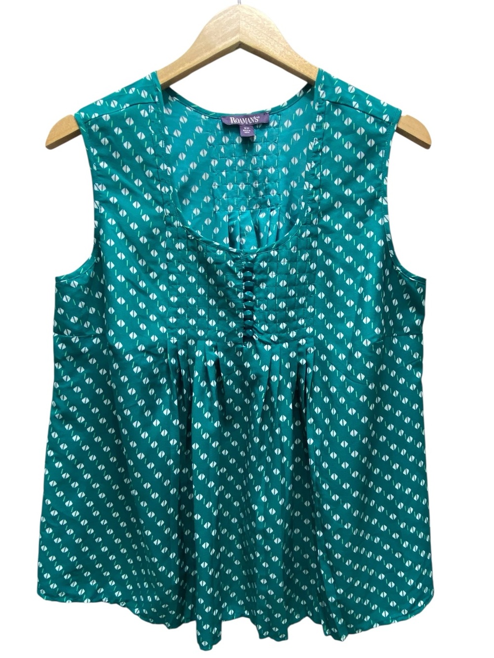 Roaman’s Green White Geometric Pleated Sleeveless Top - Women’s 14W